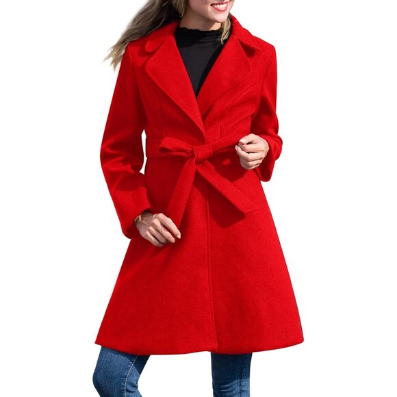💫 Women Red Notch Lapel Trench Coats Dress Belted Fall Winter Collar Peacoat - Picture 2 of 6